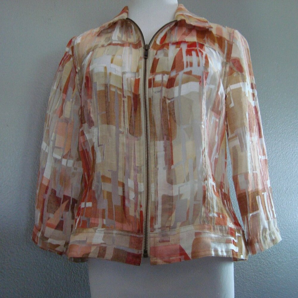 𝅺Coldwater Creek Semi-Sheer Stained Glass Print Zip Front Jacket Size PS